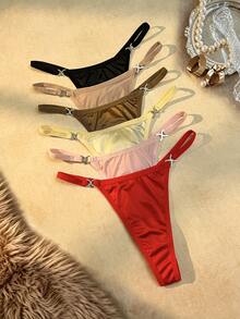 MidnightGlam 6pcs Women's Daily Panties, Shiny Glossy Diamond Buckle Sexy Fashion Thong - Multicolor - View 1