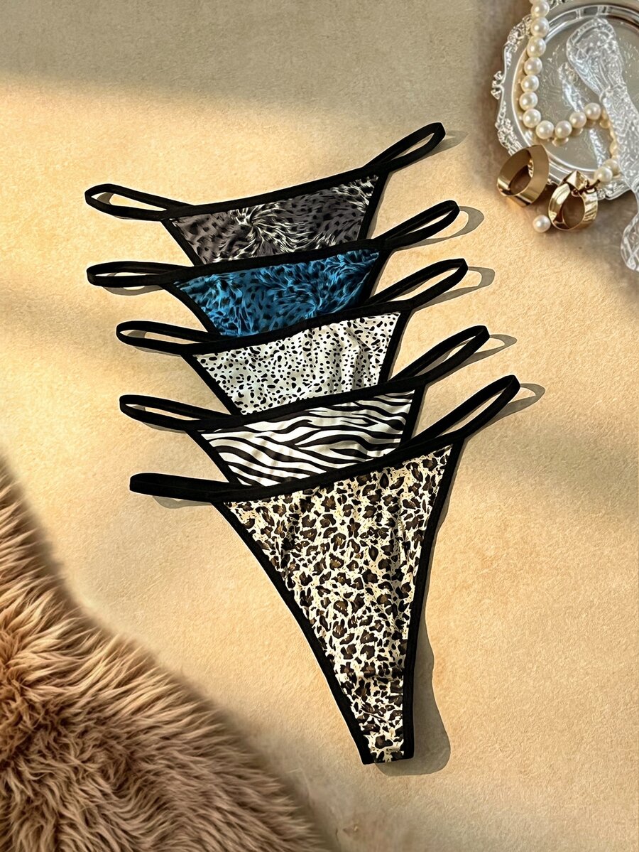 Bare Chapter Plus Size Women's Leopard & Zebra Print Thong Panties 5-Pack - Multicolor - View 1