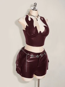 SHEIN ICON 大尺碼女款性感短版上衣，辣妹風，適合酒吧與秋季穿搭 - 酒紅色 - 查看 5