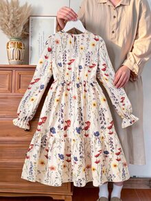 SHEIN Vintaside Kids Tween Girls Spring Fall Casual Cottagecore Vintage Floral Wildflower Print Long Sleeve Flounce Cuffs High Waist Tiered Ruffle A-Line Dress Clothing - Multicolor - View 3