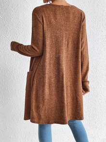 SHEIN Essnce 女士冬季休閒雙口袋開襟大衣，不含內搭背心，常規袖寬鬆素色女款外套，適合日常休閒穿著 - 鏽棕色 - 查看 2