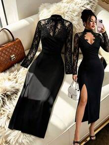SHEIN PETITE Fashion Women's Lace Long Sleeve Patchwork Waist-Cinched High Slit Fitted Bodycon Dress - Black - View 6