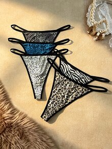 Bare Chapter Plus Size Women's Leopard & Zebra Print Thong Panties 5-Pack - Multicolor - View 5