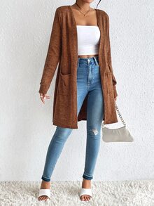 SHEIN Essnce 女士冬季休閒雙口袋開襟大衣，不含內搭背心，常規袖寬鬆素色女款外套，適合日常休閒穿著 - 鏽棕色 - 查看 5