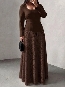 Modelyn 大尺碼女款棕色3D花卉蕾絲拼接洋裝，方領長袖優雅禮服，適合婚禮賓客、聖誕正式派對 - 棕色 - 查看 6
