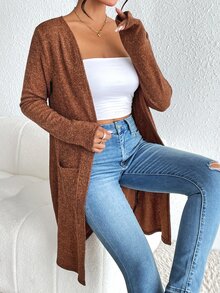 SHEIN Essnce 女士冬季休閒雙口袋開襟大衣，不含內搭背心，常規袖寬鬆素色女款外套，適合日常休閒穿著 - 鏽棕色 - 查看 4