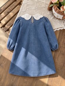 Girls' Big Collar Washed Denim Dress,Aqua Blue,Autumn,Preppy,School,Back-To-School Fashion Western Style Comfortable Clothes For Party And Vacation - Blue - View 2