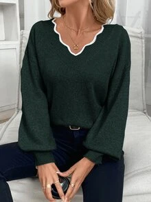 SHEIN Frenchy 繫帶式露肩後背帶針織毛衣，休閒浪漫優雅風，對比色貝殼飾邊，秋冬針織款，適合春季約會與日常日穿 - 墨綠色 - 查看 6