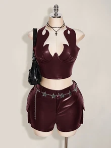 SHEIN ICON 大尺碼女款性感短版上衣，辣妹風，適合酒吧與秋季穿搭 - 酒紅色 - 查看 7