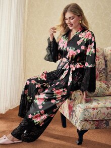 Elorette 2pcs Satin Coquette Babydoll Lace Patchwork Waist-Flattering Deep V-Neck Full Floral Print Romantic Elegant Plus Size Sleepwear Set - Black - View 7