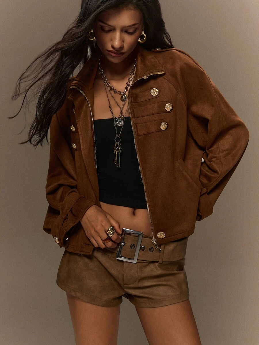 TypaGal Fall Winter Y2k Sexy Going Out Party Napoleon Halloween Christmas Women's Solid Color Raglan Long Sleeve Button Design Casual Napoleon Jacket - Brown - View 1