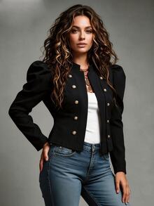 Linhara CURVE Plus Size Women's Double-Breasted Casual Versatile Long Sleeve Jacket - Black - View 5