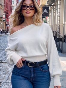 Easura Plus Size Women Solid Color Asymmetrical Shoulder Casual Daily Top Fall - Apricot - View 1