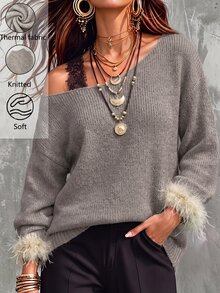 LUMIGAL Women's Elegant Casual Brown Lace Trim Sweater, Winter - Vanilla Oat - View 7