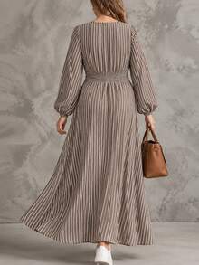 Linhara CURVE Plus Size Women's Autumn/Winter Casual Minimalist Waist Design Cinched Waist Striped A-Line Long Sleeve Versatile Long Dress For Home, Outings And Commuting - Multicolor - View 2