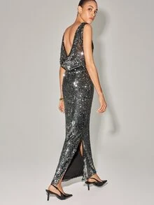Anewsta Essential Elegant Autumn Silver Gray Sequin Fabric Slim Fit Deep Backless Design Dress For Women Party Evening - Black - View 7