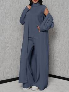 EURMUSE High Neck Knit Top And Knit Pants And Cardigan - Blue - View 6