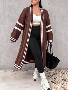 Elenzga Plus Size Casual Colorblock Striped Long Cardigan, Autumn/Winter Fall Cloth For Women - Coffee Brown - View 4