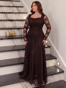 Modelyn Plus Size Women's Elegant Brown Sexy Lace A-Line Commuter Dress - Brown - View 5