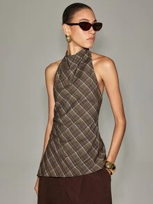 Anewsta Essential Women's Elegant Spaghetti Strap Sleeveless Asymmetrical Blouse In Coffee Brown Plaid, Suitable For Party, Casual, Sexy Halloween, Prom Outfits - Coffee Brown - View 7