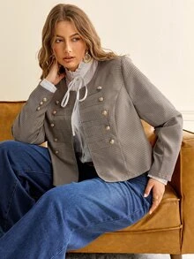 Écloséra Curve Plus Size Women's Best-Selling Elegant French Vintage Court Plaid Jacket, Slimming Minimalist Design, Suitable For Daily Versatile Commuting, Dating And Gathering Slimming Outfit - Khaki - View 5