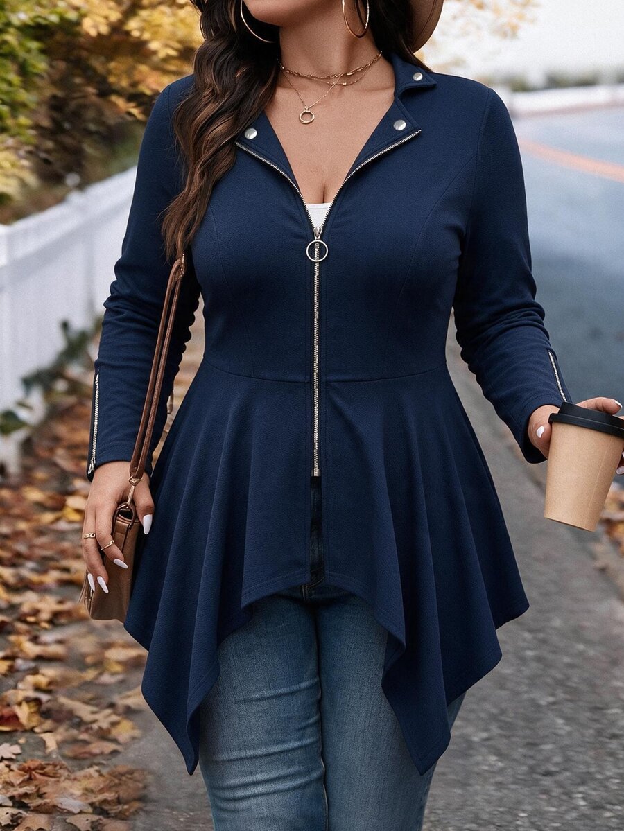 EMERY ROSE Plus Size Women's Best-Selling Elegant Slim Fit A-Line Asymmetrical Lapel Jacket, Slimming Minimalist Cut Design With Metal Zipper And Button Decoration, Suitable For Daily Versatile Commuting, Dating And Gathering - Navy Blue - View 1
