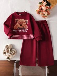 Elladie kids Girls Korean Style Energetic Loose Fit Gray Floral Sweatshirt 2 In 1 Bow Pattern 2 Pieces Set Fall - Burgundy - View 1