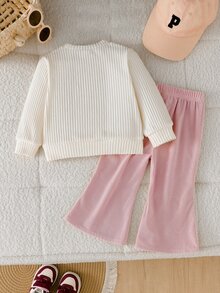 SHEIN Souflis 2件組幼女公主風白色粉色蝴蝶結羅紋燈芯絨長袖圓領衛衣喇叭褲套裝，秋季派對精品毛衣連身褲 - 粉色 - 查看 2