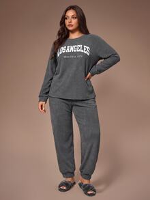 Lazeform Casual Plush Letter Print Crew Neck Long Sleeve Top And Long Pants Plus Size Pajama Set - Grey - View 3