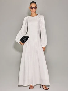 Anewsta Essential Women's White Knit Patchwork Long Sleeve Dress, Soft Style Loose Fit Slimming Long A-Line Dress - White - View 4