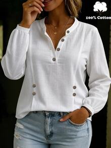 Linhara CURVE Plus Size Women Solid Color Casual Versatile Daily Wear Shirt Fall - White - View 1