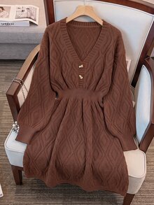 GlowEve CURVE Plus Size V-Neck Lantern Sleeve A-Line Thick Knit Dress With Button Rope Detail, Solid Color Winter Knit Dress - Coffee Brown - View 3