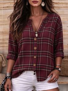 Linhara CURVE Plus Size Woven Checkered Casual Autumn Women's Shirt - Red - View 3