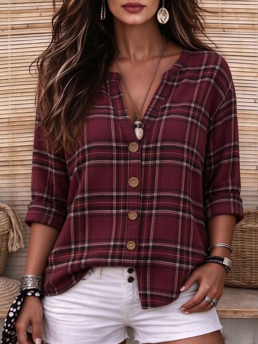 Linhara CURVE Plus Size Woven Checkered Casual Autumn Women's Shirt - Red - View 1