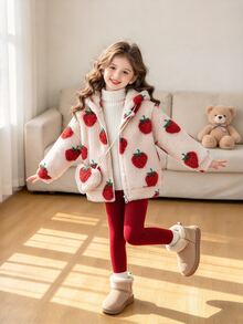 Elladie kids 女童冬季保暖內裡可愛甜美Y2K草莓毛絨帽子與夾克外套，附斜背小包，2件套 - 紅色 - 查看 1
