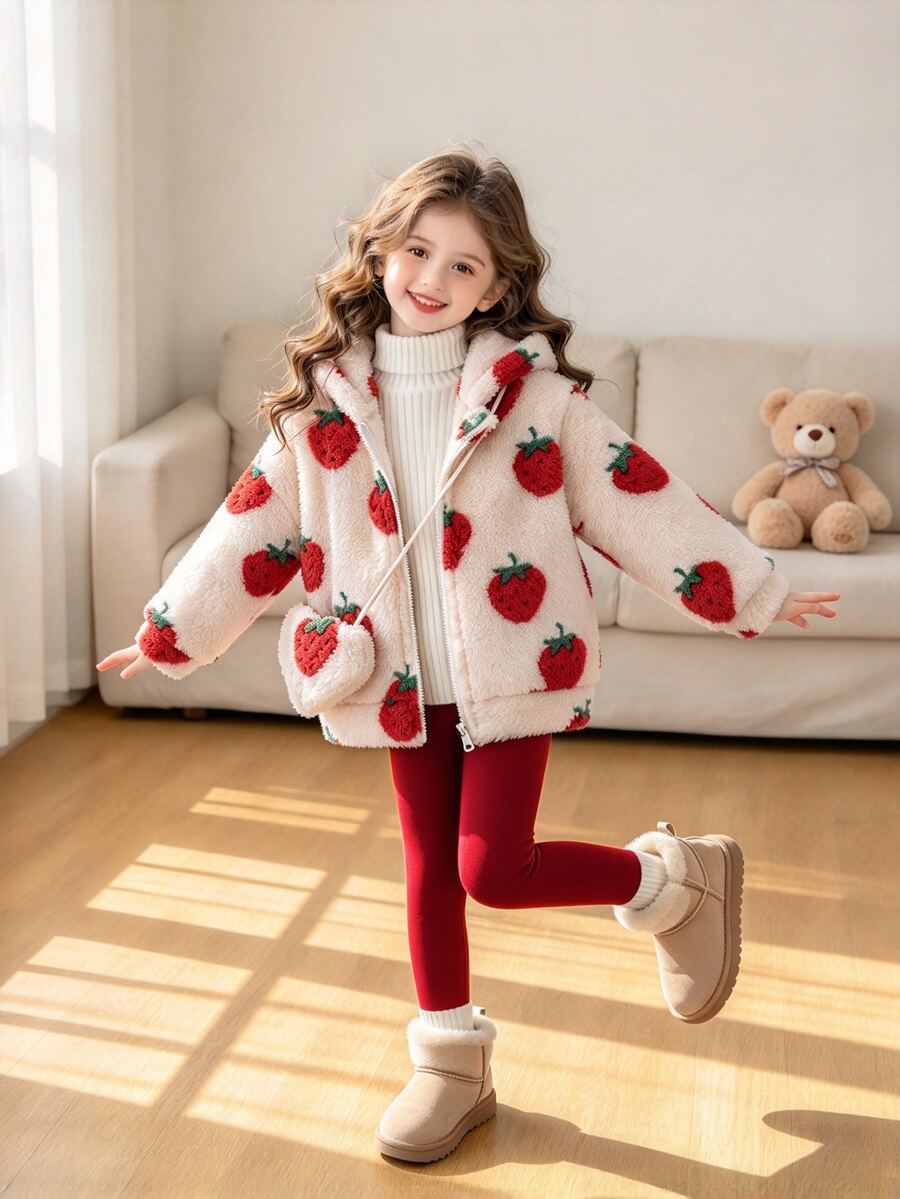 Elladie kids 女童冬季保暖內裡可愛甜美Y2K草莓毛絨帽子與夾克外套,附斜背小包,2件套 - 紅色 - 查看 1