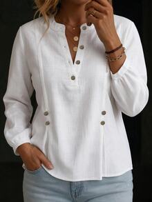 Linhara CURVE Plus Size Women Solid Color Casual Versatile Daily Wear Shirt Fall - White - View 4