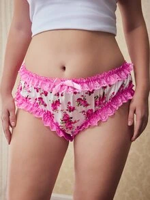Elorette Pink Satin Kawaii Cute Coquette Babydoll Lolita Lace Patchwork Ruffle Bow Romantic Pastoral Plus Size Panties - Pink - View 4