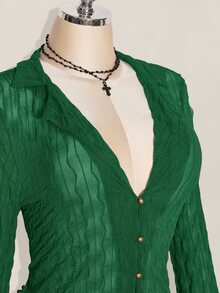 SHEIN ICON 大尺碼休閒性感修身長袖上衣與裙子兩件套，適合秋季巧克力棕色皺褶女裝，適合夜晚晚宴 - 橄欖綠 - 查看 6