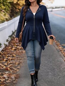 EMERY ROSE Plus Size Women's Best-Selling Elegant Slim Fit A-Line Asymmetrical Lapel Jacket, Slimming Minimalist Cut Design With Metal Zipper And Button Decoration, Suitable For Daily Versatile Commuting, Dating And Gathering - Navy Blue - View 3