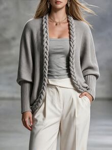 Breezaya Plus Size Women's Chunky Cable Knit Cardigan, Buttonless Open Front, Patchwork Ribbed Long Sleeve Knit Jacket, Chunky Knit Loose Batwing Sleeve Sweater, Niche Design, Slouchy, Flattering Silhouette, Casual Outerwear - Light Grey - View 1