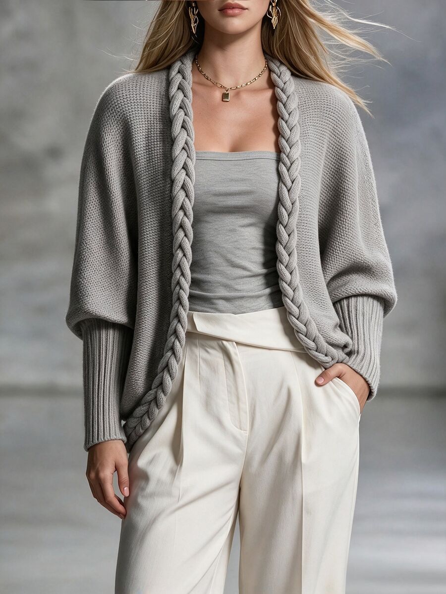 Breezaya Plus Size Women's Chunky Cable Knit Cardigan, Buttonless Open Front, Patchwork Ribbed Long Sleeve Knit Jacket, Chunky Knit Loose Batwing Sleeve Sweater, Niche Design, Slouchy, Flattering Silhouette, Casual Outerwear - Light Grey - View 1