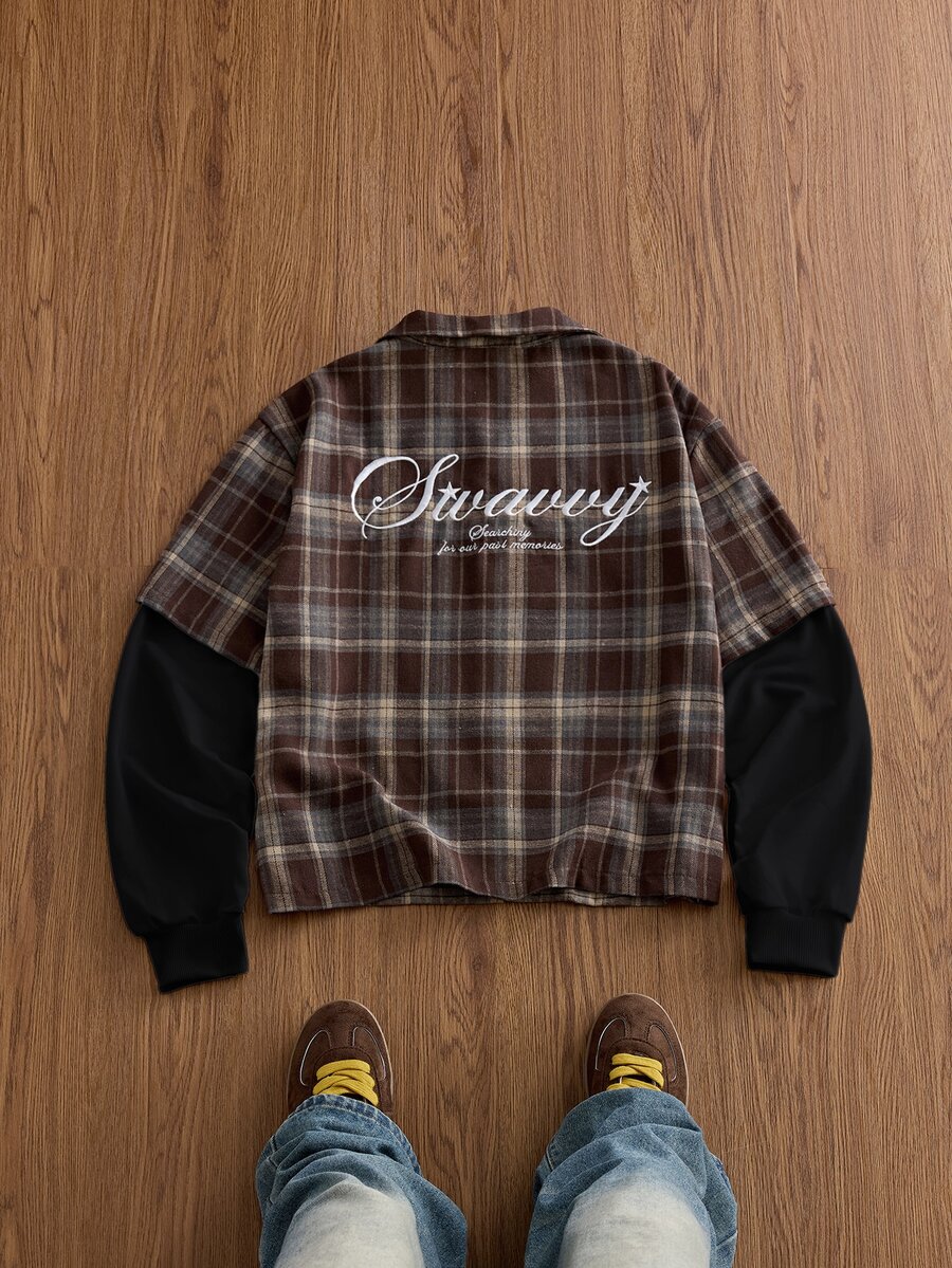 SWAVVY 男士字母印花格紋拼接 2 合 1 休閒日常襯衫 - 黑色 - 查看 1