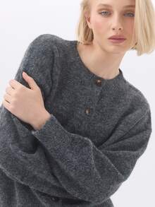 KÆRIA Hus Crew-Neck Button-Front Cardigan - Textured Knit - Charcoal Marle - Button-Up, Layering, Ribbed Trims - Dark Grey - View 5