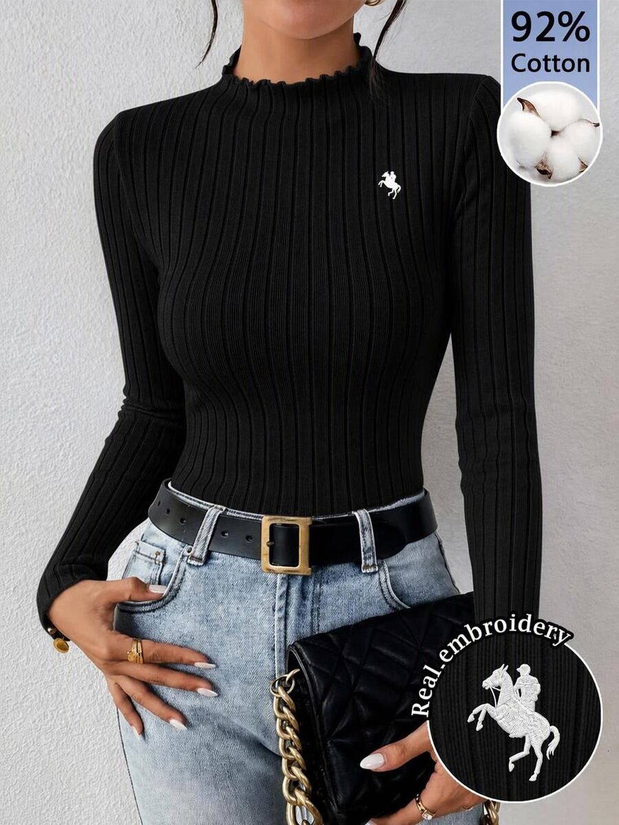 SHEIN Frenchy 92%棉女款羅紋圓領長袖休閒T恤,馬刺繡設計 - 黑色 - 查看 1