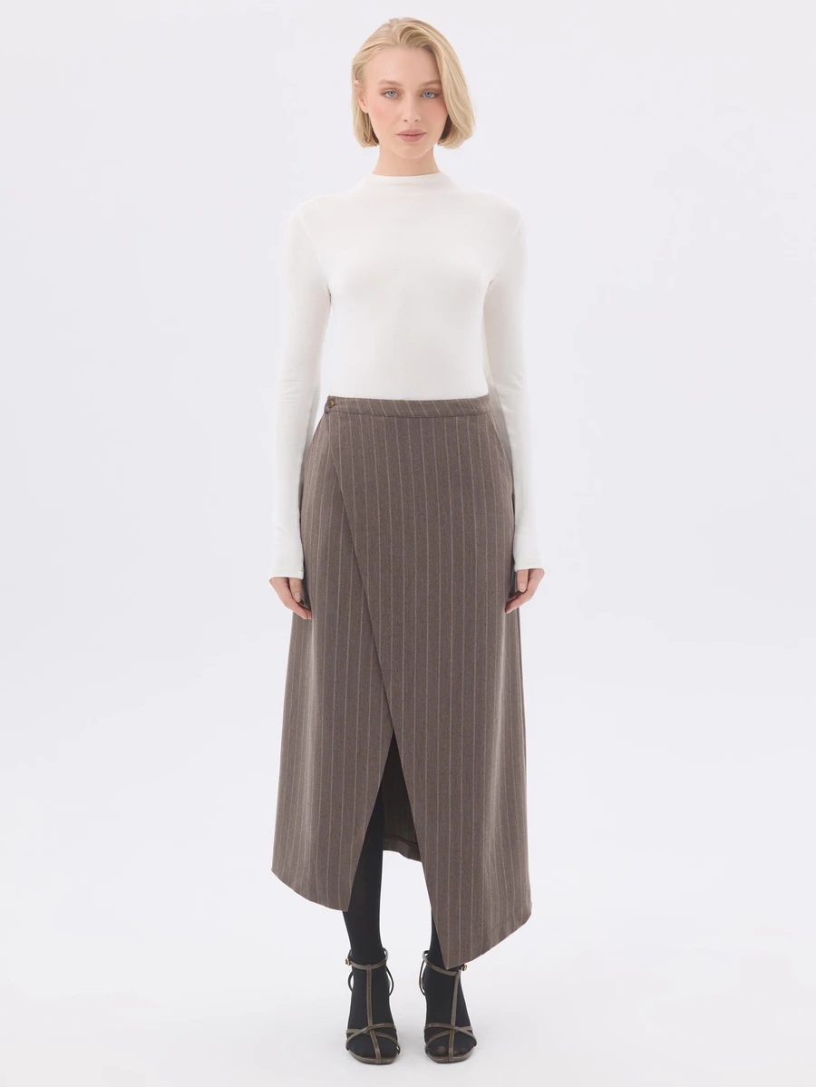 KÆRIA Hus Asym Wrap-Front Midi Skirt - Compact Tailoring - Taupe Pinstripe - Workwear, Front Split, Stripe - Brown - View 1