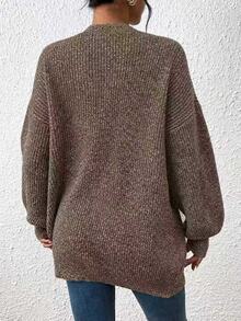 SHEIN LUNE 女款開襟落肩長版開襟衫，長袖上衣，秋冬服飾 - 棕色 - 查看 2