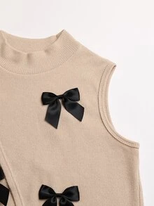 Zayélia Women's Bow-Knit Vest Layered With White Shirt 2 Pieces Set - Khaki and White - View 5