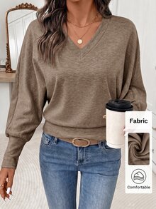 Editum 女款休閒百搭純色蝙蝠袖運動衫 米色 早午餐穿搭 秋季 - 卡其色 - 查看 1
