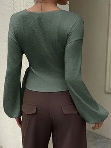 Siren Gaze 女款休閒純色收腰 T 恤，適合秋冬春季 - 軍綠色 - 查看 3